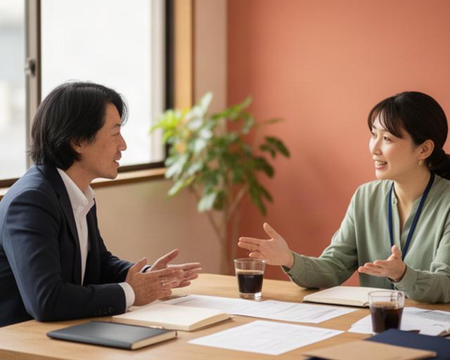 香川県の地域企業で、経営者と人事支援担当者が机を囲み採用や職場づくりを相談する様子