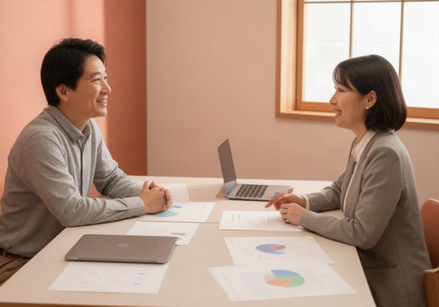 香川県の中小企業の会議室で、経営者と人事担当者が採用や職場づくりについて資料を広げて話し合う様子
